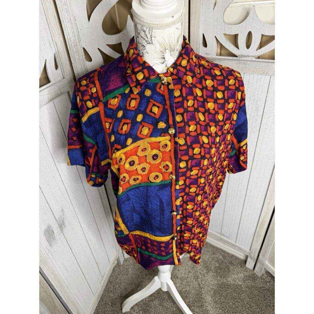 Vintage Button Down Top Funky Colors USA 80s 90s Artsy Hippie Indie Sz Medium